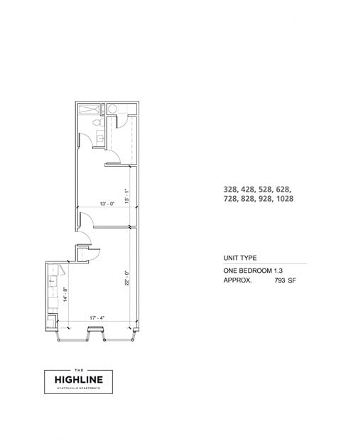 Floor plan for 1 bed, 1 bath, 800 sqft